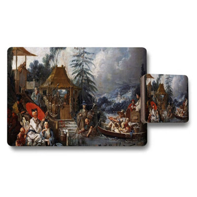 Benjamin Tate Design Scenic River Market Painting Placemat And Coaster Set from B&Q