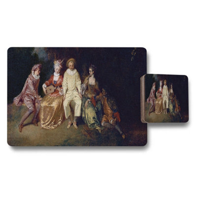 B&Q -  Vintage Style Placemats Coasters Set Featuring Classic Painting Scene