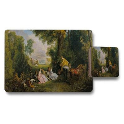 B&Q -  Antique Style Landscape Placemat And Coaster Set With Classical Forest Scene