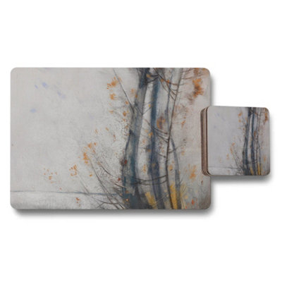 B&Q -  Abstract Tree Art Placemat And Coaster Set In Neutral Tones