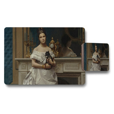 B&Q -  Victorian Portrait Placemat Coaster Set Featuring White Gown Woman Artwork
