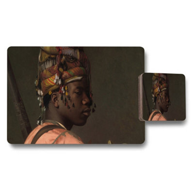 B&Q -  Placemat And Coaster Set Featuring Portrait Of A Woman With Colorful Headdress