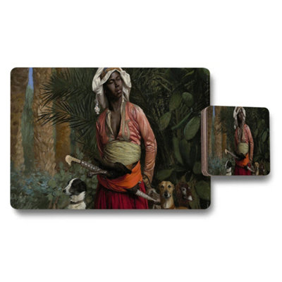 B&Q -  Placemat Coaster Set Tropical Garden Scene With Woman And Dogs