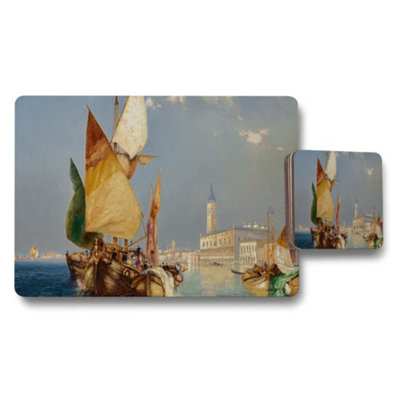 Benjamin Tate Design Venice Harbor Boats Placemats And Coaster Set Artwork from B&Q