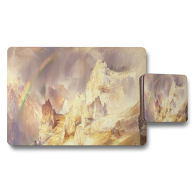 B&Q -  Mountain Landscape Placemat And Coaster Set With Rainbow Artwork