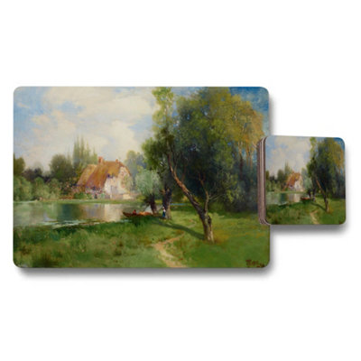 B&Q -  Country Landscape Placemat And Coaster Set With River Cottage Scene