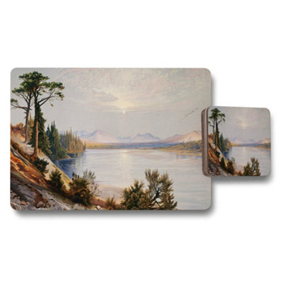 B&Q -  Lake Landscape Placemat And Coaster Set With Scenic Mountains