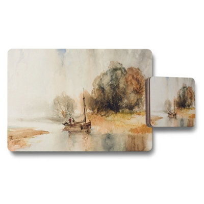 Benjamin Tate Design Watercolor River Landscape Placemats And Coaster Set With Boat Scene from B&Q