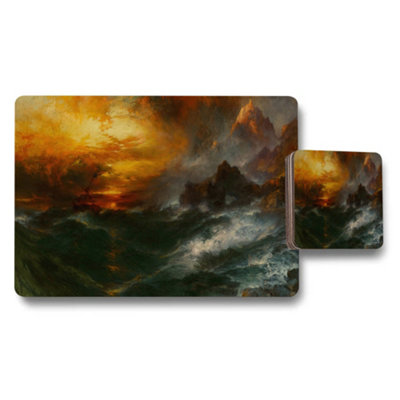 B&Q -  Seascape Sunset Placemats And Coaster Set With Ocean Waves Artwork