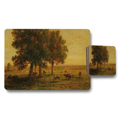 B&Q -  Pastoral Landscape Placemats And Coasters Set With Cows And Trees