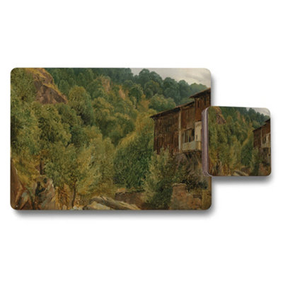 B&Q -  Forest Landscape Placemat And Coaster Set With Rustic Cabin Scene