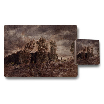 B&Q -  Vintage Landscape Placemat And Coaster Set With Rustic Brown Artwork