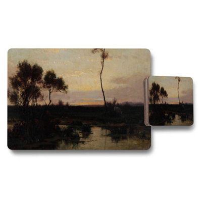 B&Q -  Sunset Landscape Placemat And Coaster Set With Tree Silhouette Artwork