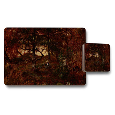 B&Q -  Forest Landscape Placemat And Coaster Set Dark Autumn Scene