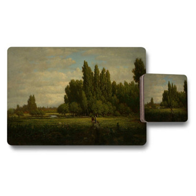 B&Q -  Landscape Placemats And Coaster Set Featuring Serene Tree Line River Scene
