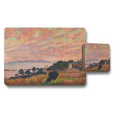 B&Q -  Impressionist Landscape Placemat And Coaster Set Sunset Hillside Artwork