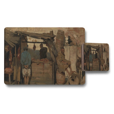Benjamin Tate Design Vintage Market Scene Placemat And Coaster Set With Rustic Artwork from B&Q