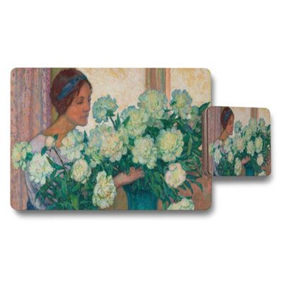 Benjamin Tate Design Impressionist Woman With White Hydrangeas Placemat And Coaster Set from B&Q