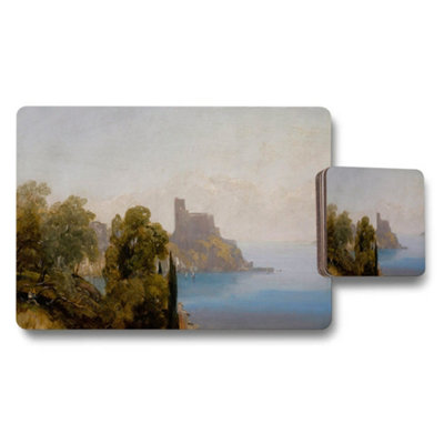 Benjamin Tate Design Coastal Landscape Placemat And Coaster Set With Cliffside Castle from B&Q