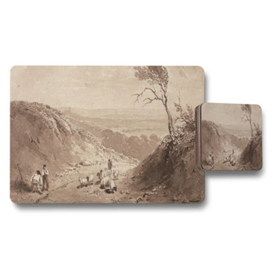 B&Q -  Vintage Landscape Placemats And Coaster Set With Rustic Artwork