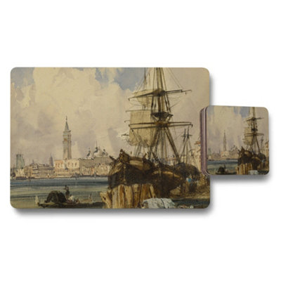 B&Q -  Venice Harbor Scene Placemat And Coaster Set With Tall Ships
