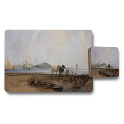 Benjamin Tate Design Sea Shore Horses Placemats And Coasters Set With Waterfront Scene from B&Q
