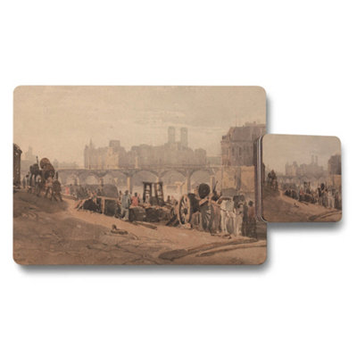 B&Q -  Vintage Cityscape Placemat And Coaster Set With Riverside Scene