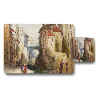 B&Q -  Watercolor City Canal Scene Placemats Coasters Set