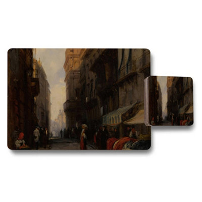 B&Q -  Vintage City Street Market Scene Placemats And Coasters Set