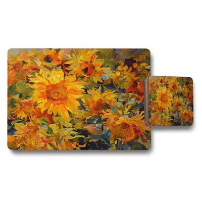 B&Q -  Sunflower Placemats And Coaster Set With Vibrant Yellow Flowers