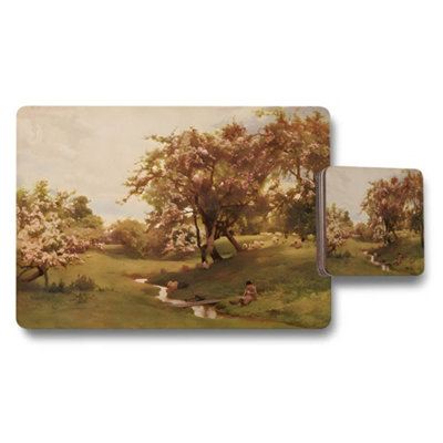 B&Q -  Pastoral Landscape Placemat And Coaster Set With Scenic River Scene