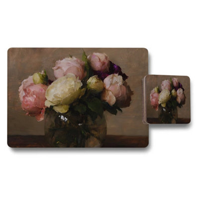 Benjamin Tate Design Peony Bouquet In Glass Vase Still Life Placemat And Coaster Set Artwork from B&Q