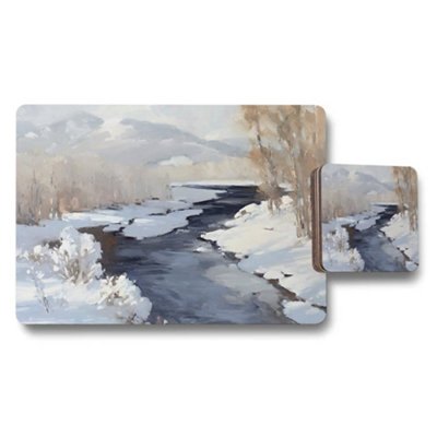 B&Q -  Wood Bottom Placemat Coaster Set Limited Winter Landscape