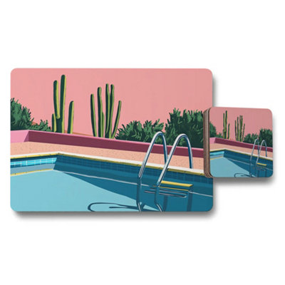 B&Q -  Placemat And Coaster Set Featuring Designer Artwork With Wood Bottom Exclusive Poolside Collection