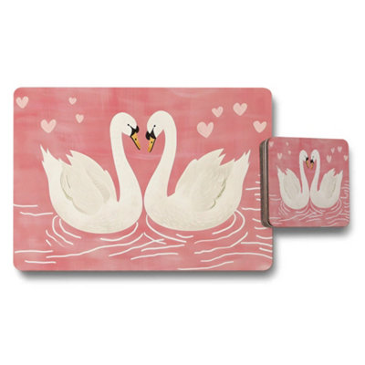 B&Q -  Lux Swan Placemat And Coaster Set Designer Artwork With Wood Bottom Limited Edition