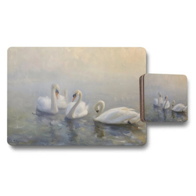 B&Q -  Swans Designer Artwork Placemat And Coaster Set With Wood Bottom Exclusive Collection