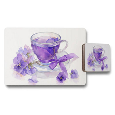 Benjamin Tate Design Watercolor Purple Teacup Placemats And Coasters Set Designer Artwork Exclusive Edition from B&Q