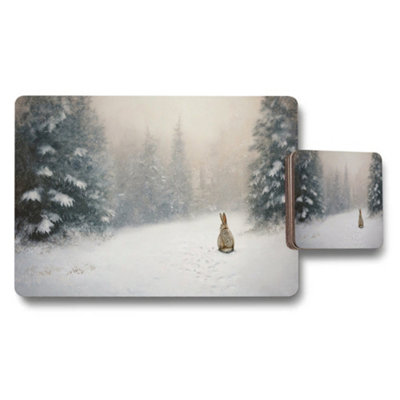 B&Q -  Winter Forest Rabbit Placemat And Coaster Set Limited Edition With Wood Bottom Designer Artwork Collection