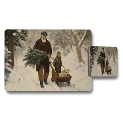 B&Q -  Premium Placemat And Coaster Set In Winter Woodland Artwork Wood Bottom Limited Edition