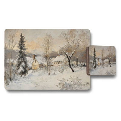 B&Q -  Winter Landscape Placemat Coaster Set Wood Bottom Limited