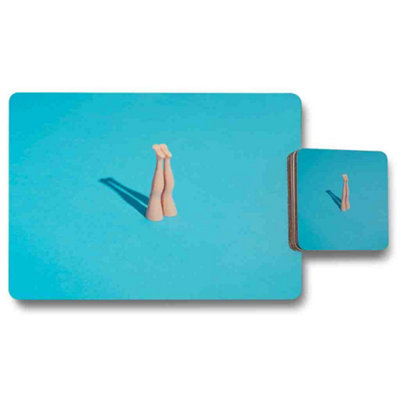 B&Q -  Designer Artwork Placemats And Coasters Set In Turquoise With Wood Base Exclusive Edition