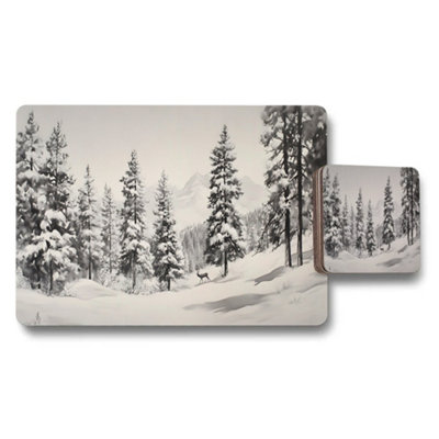 B&Q -  Snowy Forest Placemat And Coaster Set With Wood Bottom And Giclee Print Limited Edition