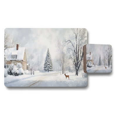 B&Q -  Winter Woodland Placemat And Coaster Set Designer Artwork Wood Bottom Limited Edition