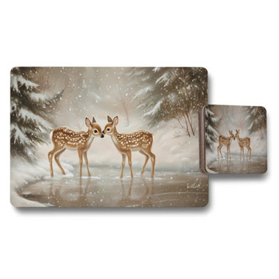B&Q -  Winter Woodland Deer Placemats And Coasters Set Designer Artwork With Wood Backing Limited Edition