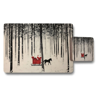 B&Q -  Placemat Coaster Set With Designer Winter Forest Artwork Wood Bottom Limited Edition