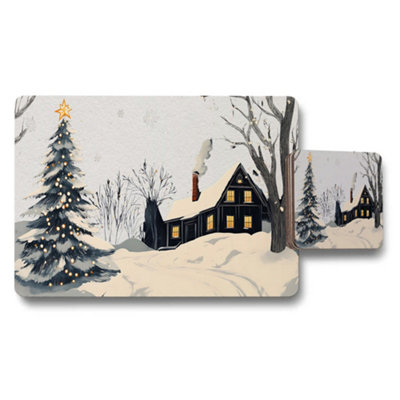 B&Q -  Designer Placemats And Coasters Set With Wood Bottom And Winter Landscape Artwork Limited Edition