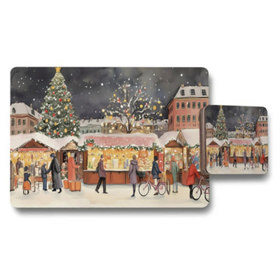 B&Q -  Designer Artwork Placemats And Coasters Set With Wood Bottom Festive Winter Market Scene