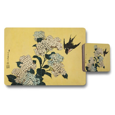 B&Q -  Fine Art Hydrangea Placemat And Coaster Set With Wood Bottom Limited Edition Collection