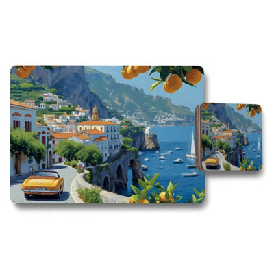 Benjamin Tate Design Amalfi Coast Placemat And Coaster Set With Wood Bottom And Designer Artwork Limited Edition from B&Q
