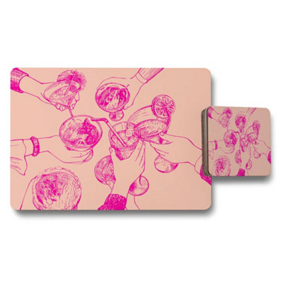 B&Q -  Designer Placemat And Coaster Set With Wood Bottom Peach Print Collection Limited Edition